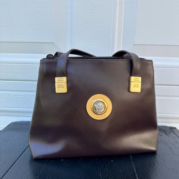 Vintage 90s Gianni Versace Bag Tote Purse Brown Gold Italy Medusa Logo - Picture 5 of 8
